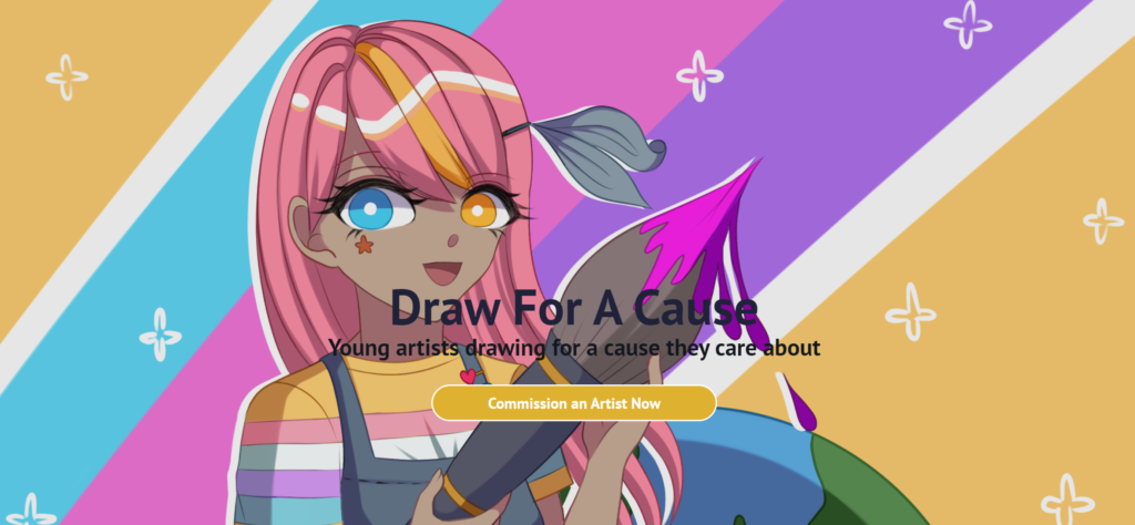 The front page of Draw For A Cause features the nonprofit’s mascot, Sumie.