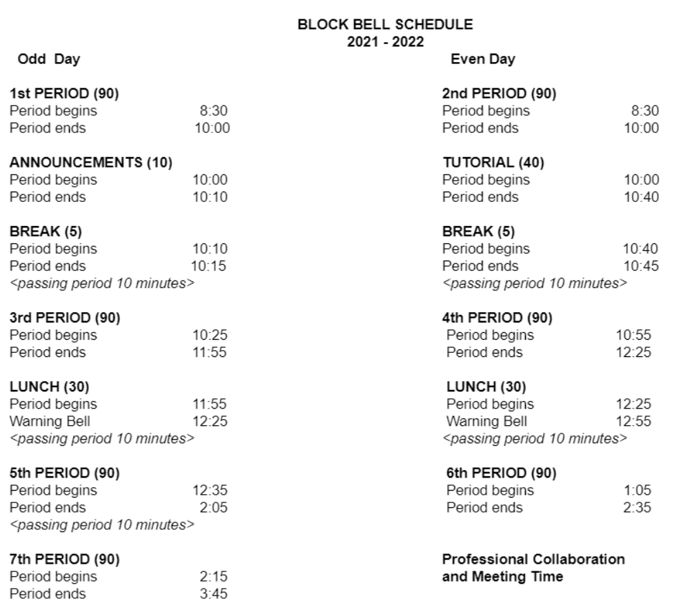 The new bell schedule in all its glory.