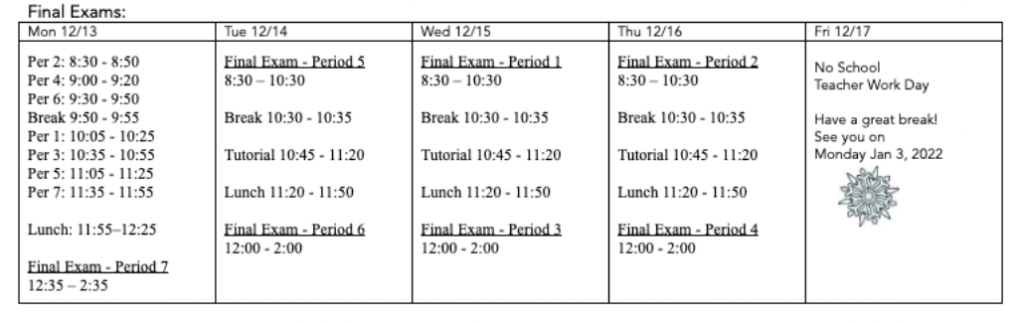The released finals schedule is set for the week of Dec. 13.