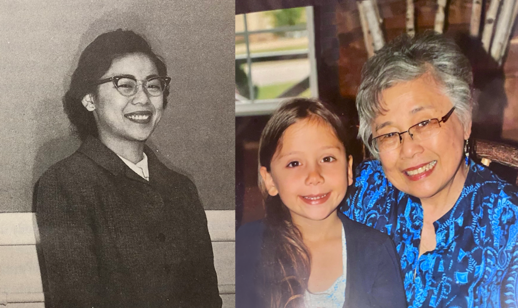 Mary Wong in a 1961 news clipping from Beloit Daily; Mary Wong and a young Hannah Dimock at their 2013 Wong’s family reunion.