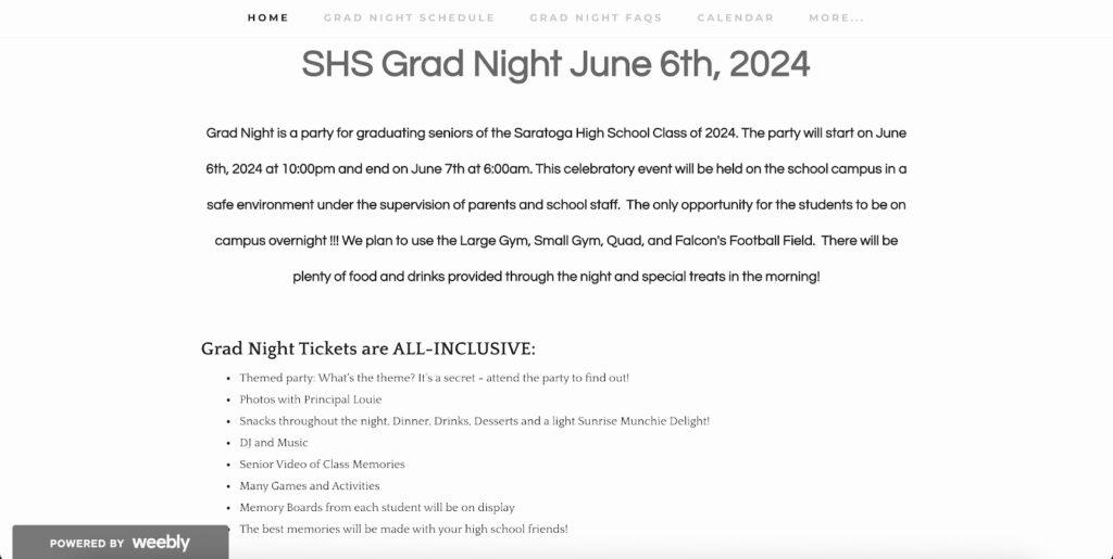 The SHS Grad Night website details the extensive itinerary planned for the evening.