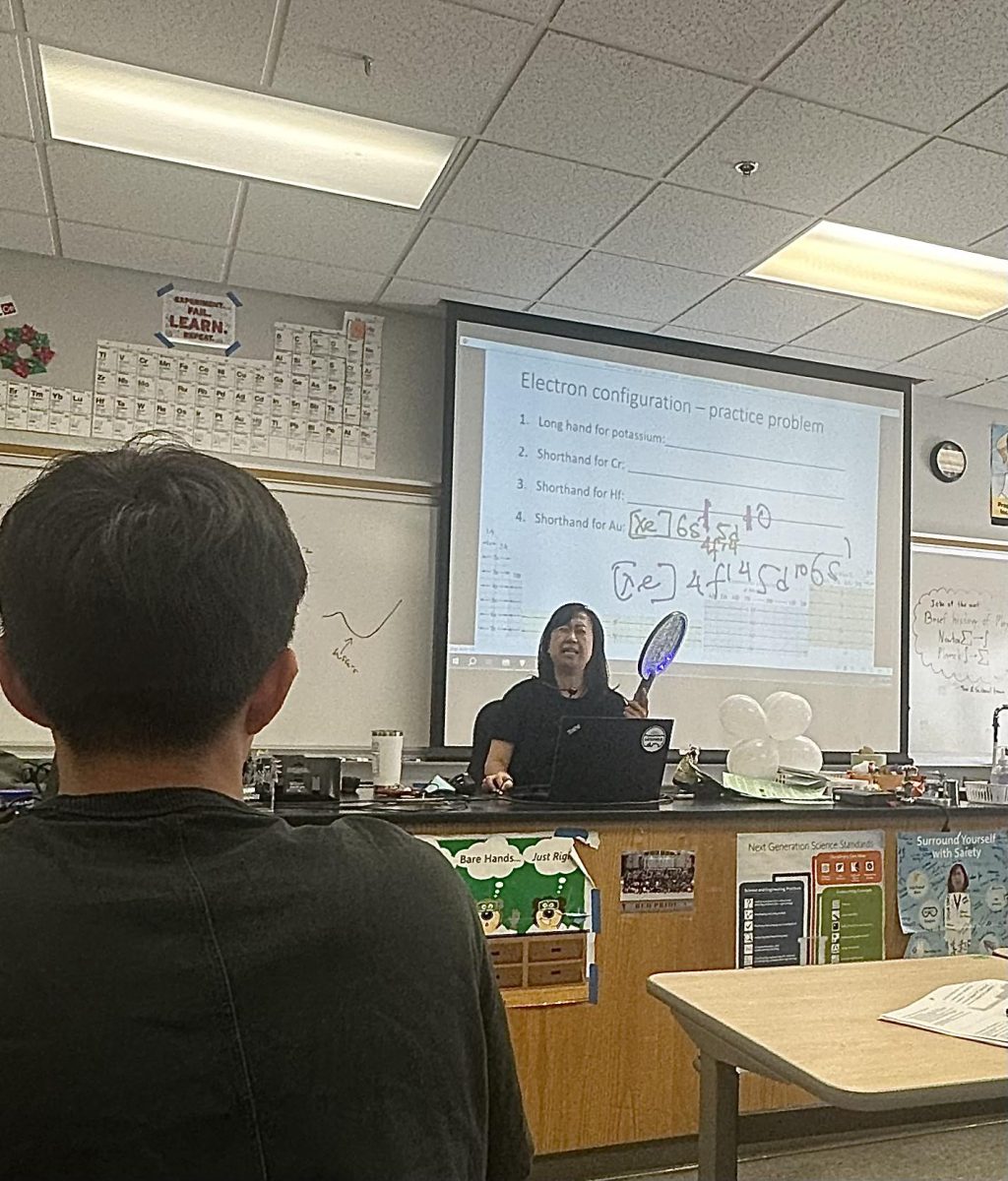 Cahatol defensively waves around her electric fly swatter as she lectures on exceptions to the Aufbau principle.