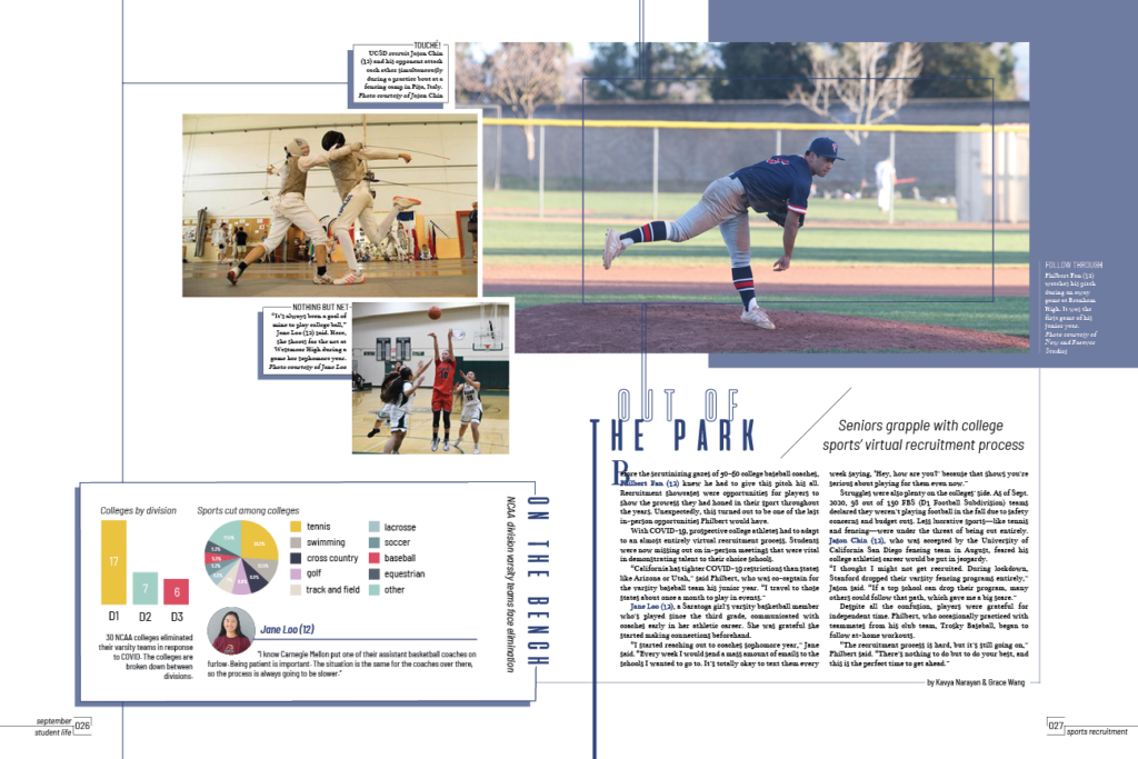 <p>Senior Grace Wang and junior Kavya Narayan created a yearbook spread centering on students participating in the virtual sports recruitment process.<br />
 </p>
