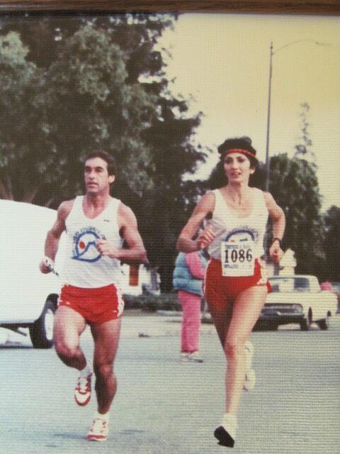 Danny Moon bringing his wife Madelyn in as she is finishing her 10k race, two weeks after they both completed the Boston Marathon in 1988.