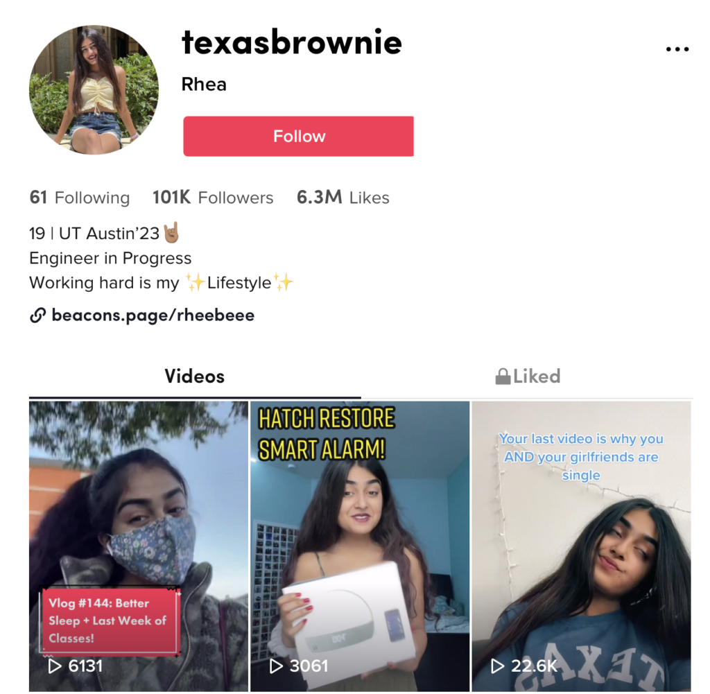 TikTok influencer @texasbrownie posts about her academic schedule, waking up tips and dating advice.