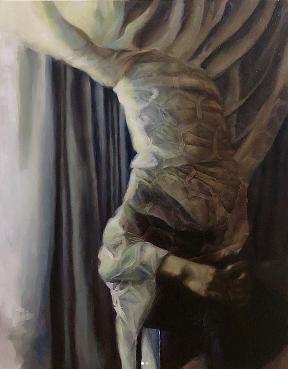 Yee’s painting 28x22” oil painting, titled “Trapped in Curtains,” depicting a curtain wrapped around a figure seated on a couch.