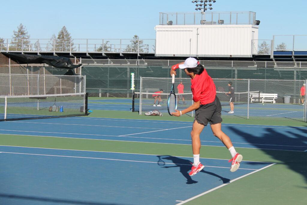 No. 1 Singles Kosei Ogata serves in a match against Los Gatos, and the Falcons ultimately won 6-1.