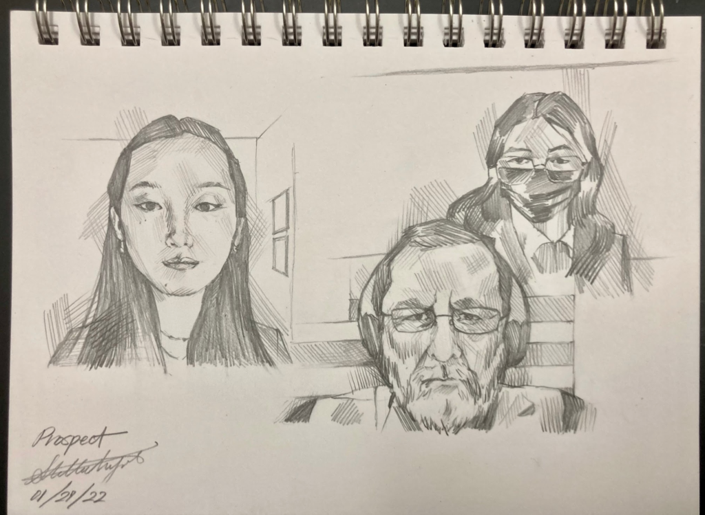 Portrayed in a sketched by a courtroom artist, senior mock trial president Nicole Lu competes at the Santa Clara County Mock Trial Competition.