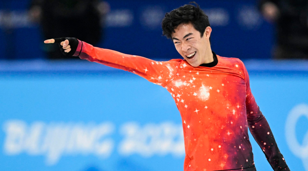 Nathan Chen strikes his ending pose at the end of his successful free-skate performance to “Rocketman.”