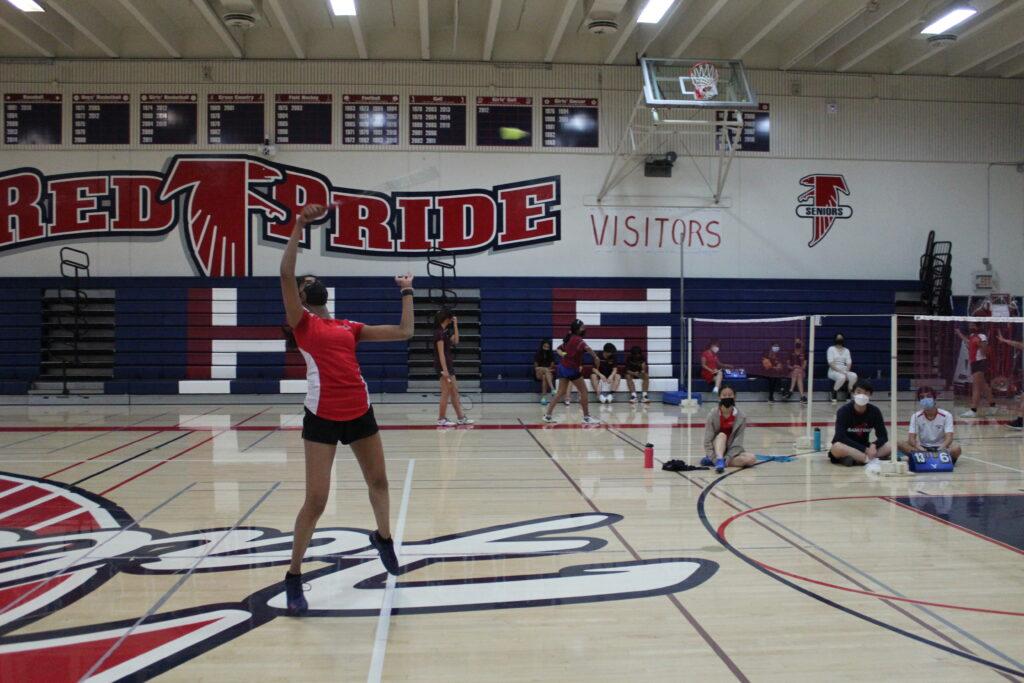 Sannidhi Boppana plays badminton at a home game against Cupertino on March 31.