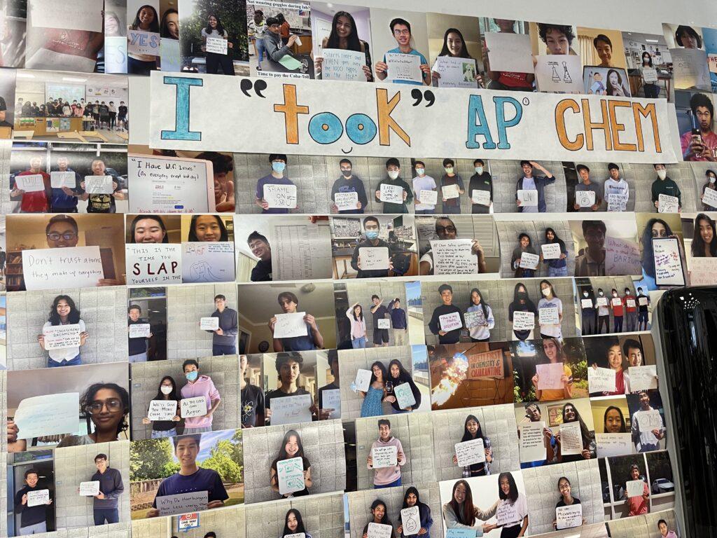 Chemistry teacher Janny Cahatol’s “memory wall” depicts past students holding up a whiteboard telling a joke or memory. 