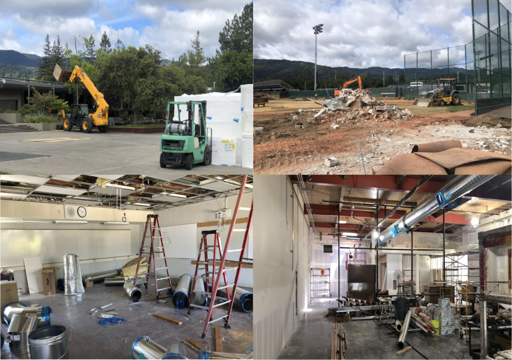 Clockwise: Removing old HVAC ducts, installing new beams and ducts, baseball field demolition and engineering lab renovation.