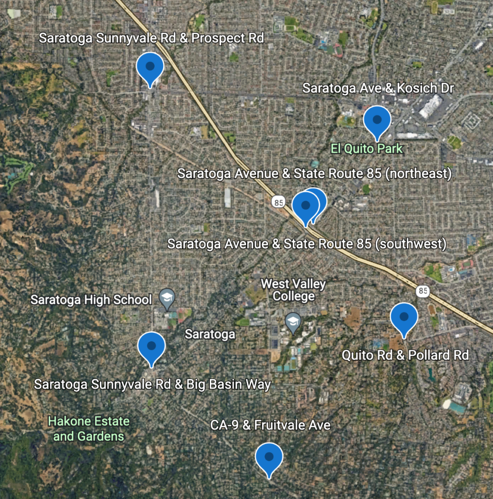 Locations of the ALPR cameras in Saratoga.