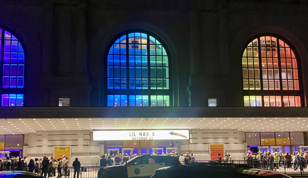The Bill Graham Civic Auditorium lit up in rainbow lights before the Lil Nas X concert.