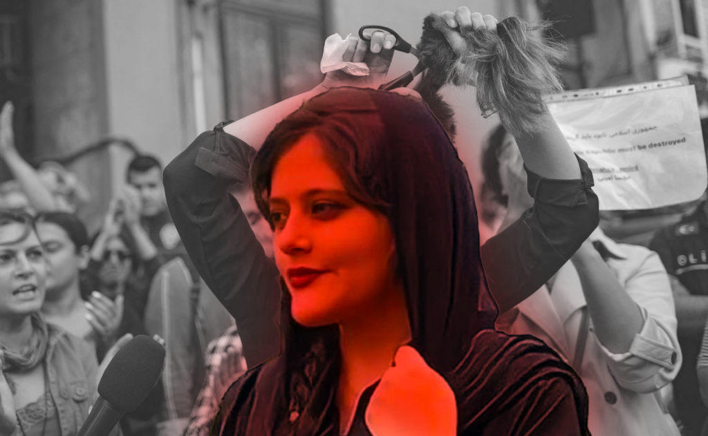 A woman cuts off chunks of her hair in support of Iranian women.