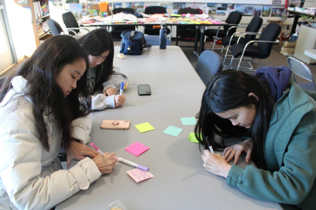 Students write positive notes on post-its in the College and Career center on Jan. 24.