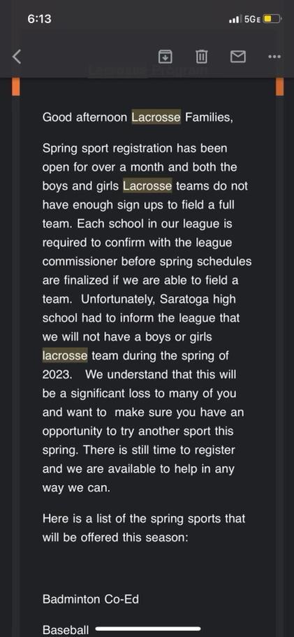 Lacrosse+players+reviewed+an+email+from+athletic+director+Rick+Ellis+detailing+the+reasons+for+cancellation.