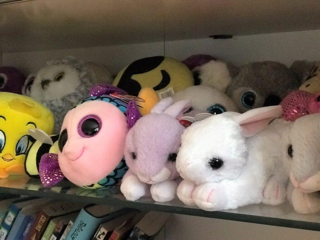Sitting (or maybe swimming) next to the bunny trifecta, “Flippy” the rainbow fish has not paid rent after more than four years living in my bookshelf. 