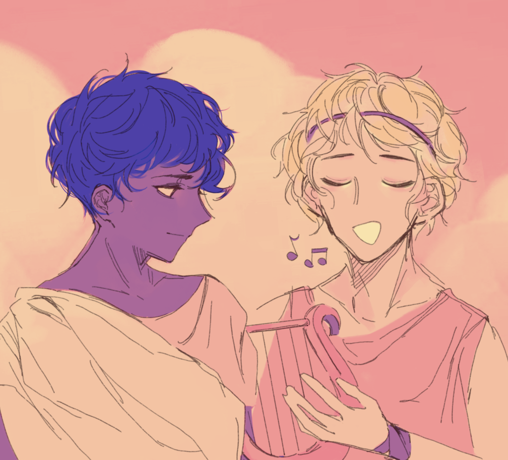 Patroclus and Achilles, playing the lyre, share an intimate moment together. 