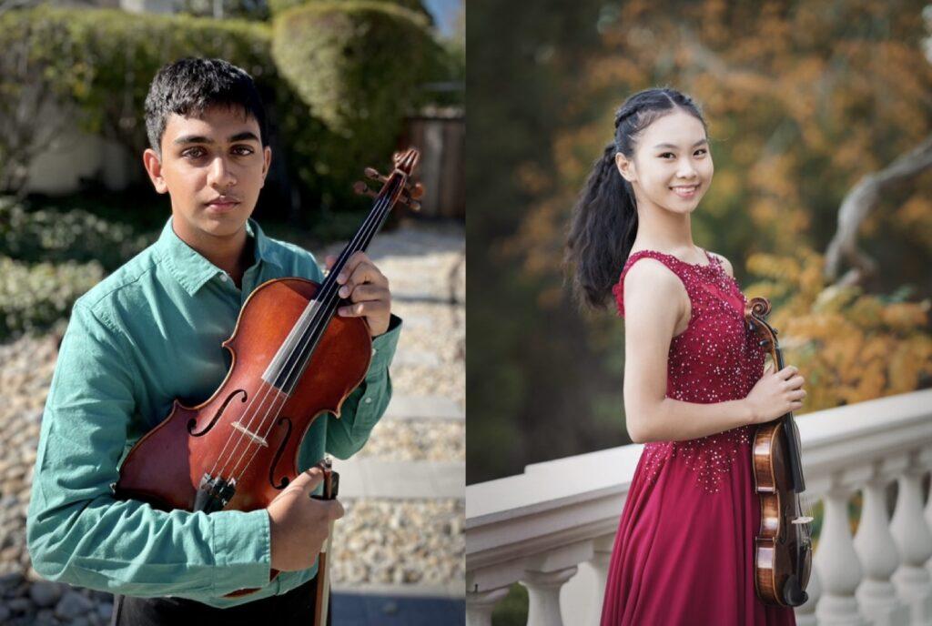 Junior violist Tejas Tirthapura and senior violinist Shannon Ma pictured with their instruments.