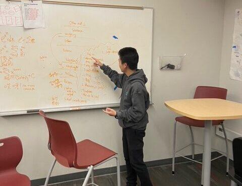 Leonardo Jia goes over strategy during debate practice on April 5.