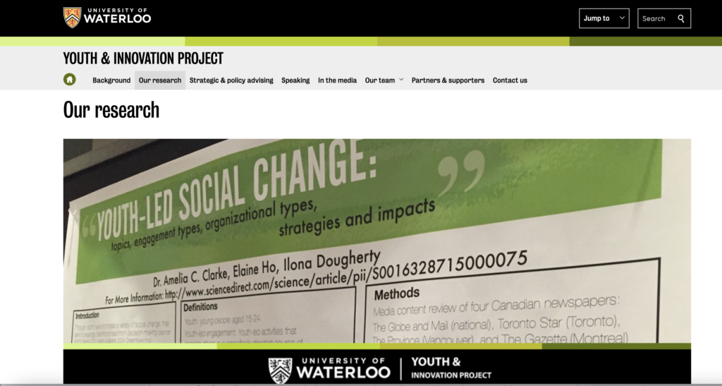 The Youth & Innovation Project team’s research on the University of Waterloo page.
