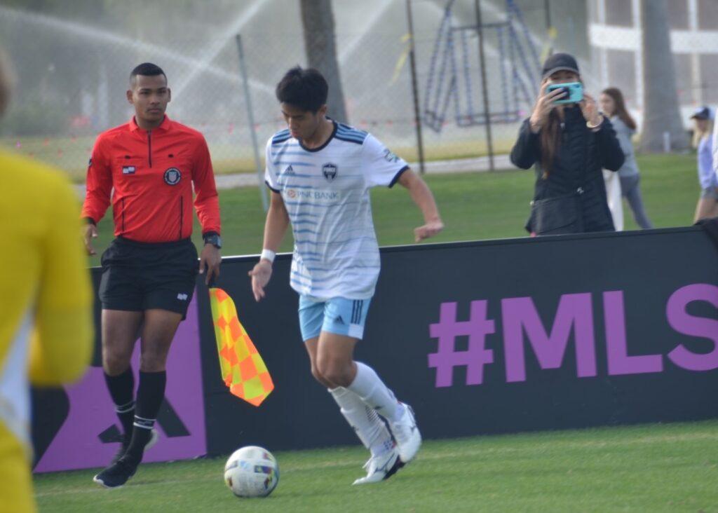 Yul Hong dribbling at MLS Next soccer showcase in Palm Springs.