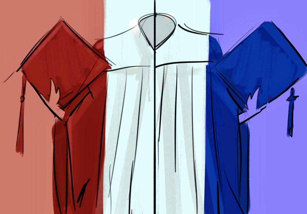 The clash of colors for graduation gowns. 