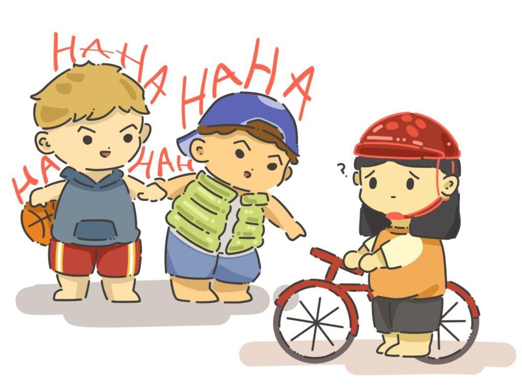 Teenage boys with baseball caps and shaggy hair block my bike, heckling over my discomfort.