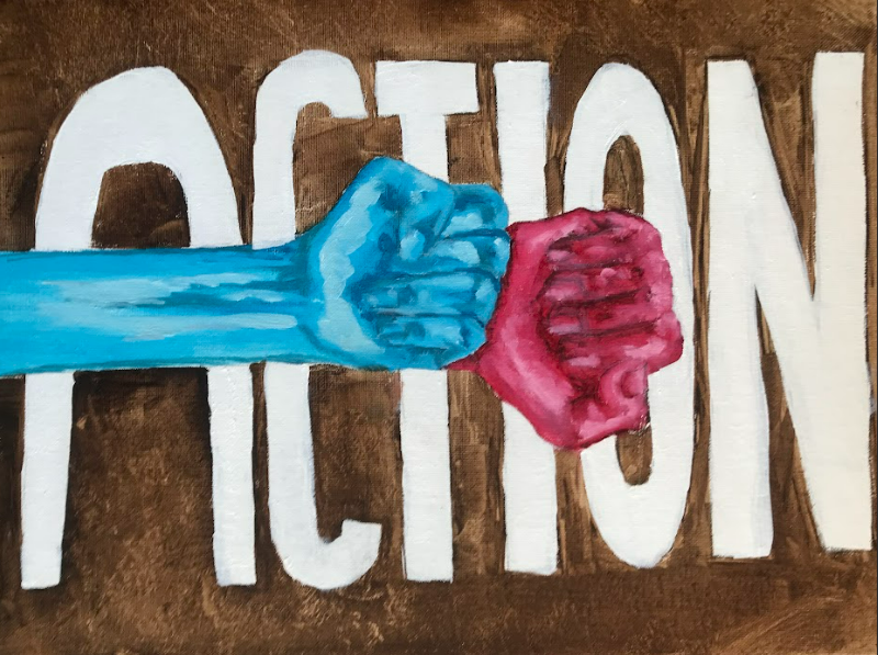  Senior outreach lead Ameya Saund’s painting for the fundraising event’s art auction shows multiple hands to highlight how collective action can accomplish much more than a sole actor.