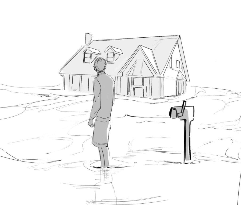 A graphic of an onlooker watching as their uninsured home is flooded.