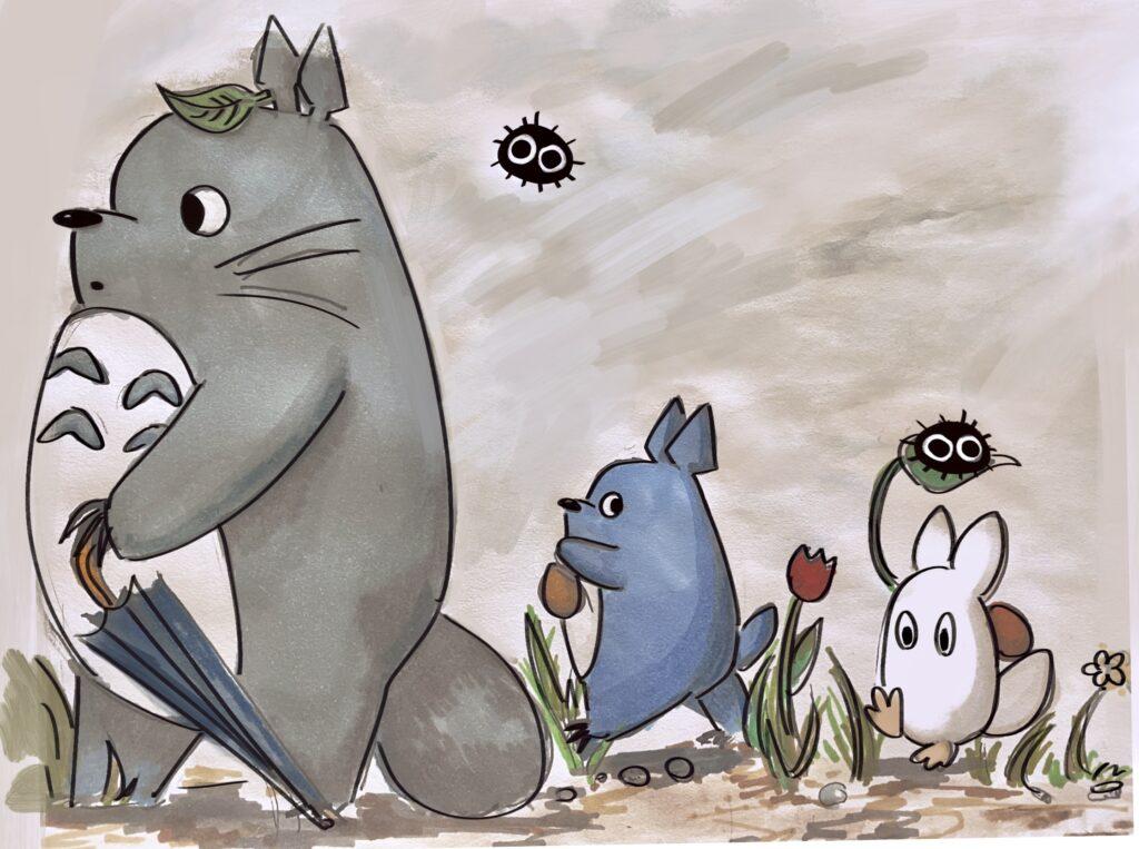 Totoro, Chu Totoro and Chibi Totoro march together.