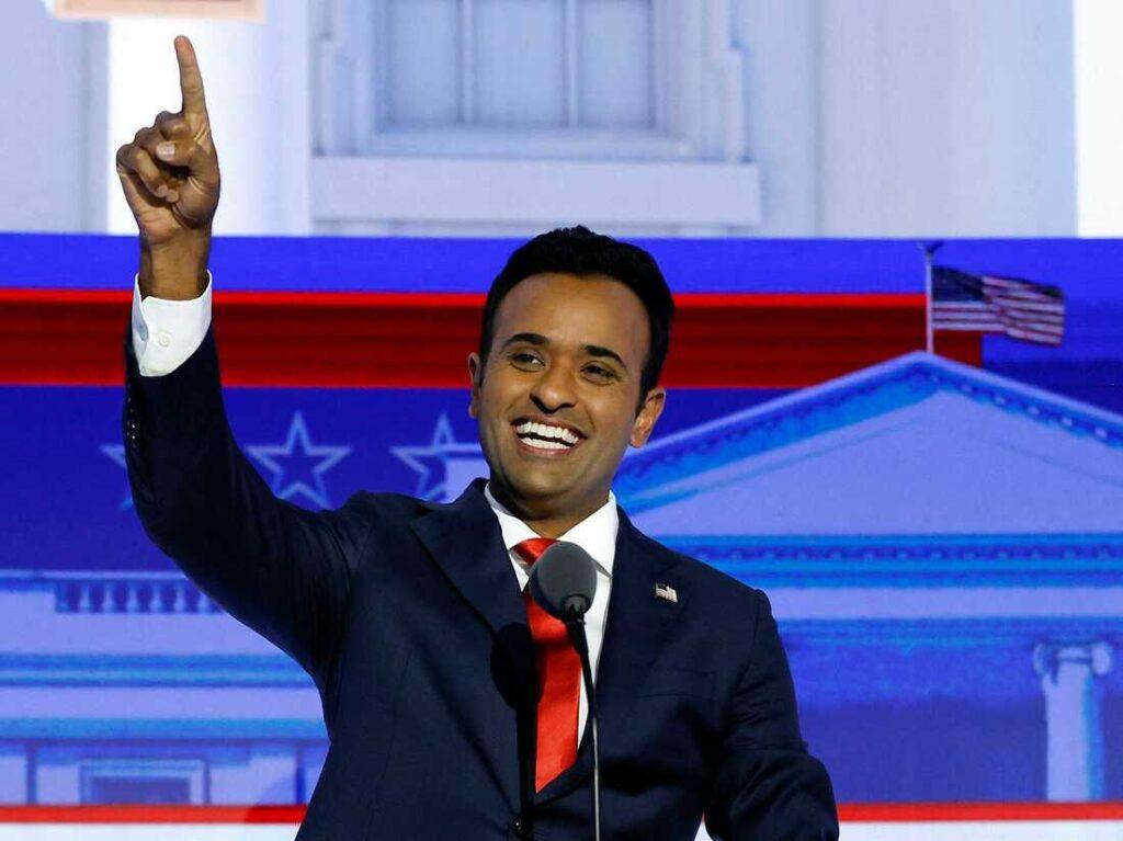 Entrepreneur and author Vivek Ramaswamy waves as he arrives to take part in the first Republican Presidential primary debate at the Fiserv Forum in Milwaukee, Wisconsin, on August 23, 2023. 