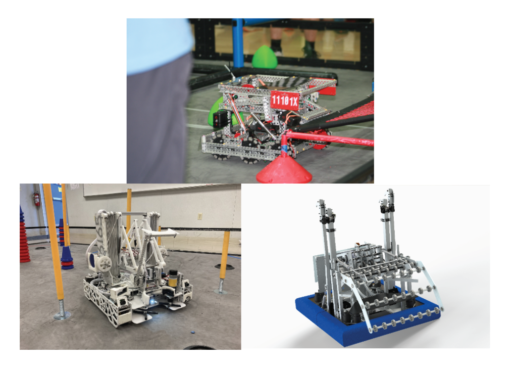 (clockwise from top left): The VEX, FTC and FRC robots all differ in size and complexity, though all compete in similar match styles, with alliances of robots against each other.