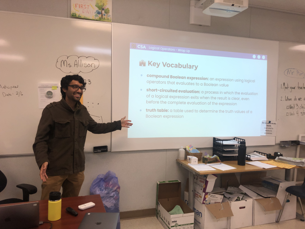 Substitute teacher Siddhartha Punj explains key coding vocabulary during an AP Computer Science lesson on Nov. 27.