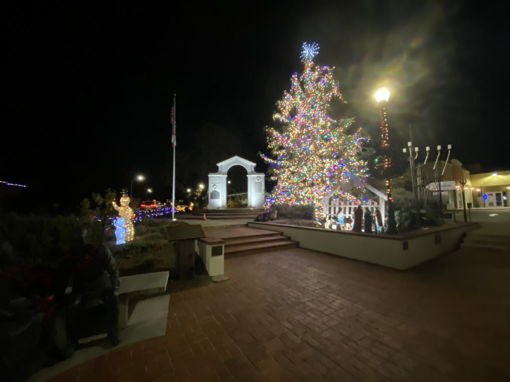 Downtown’s Christmas tree lights up the dim evening.