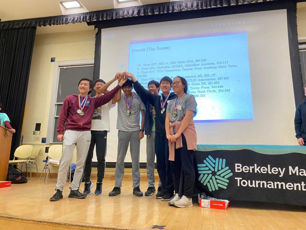 Team Saratoga 1, consisting of students Bryan Li, Lawson Wang, Advaith Avadhanam, Alan Lu, Skyler Mao and Victoria Hu (left to right) proudly hold up their second place trophy.