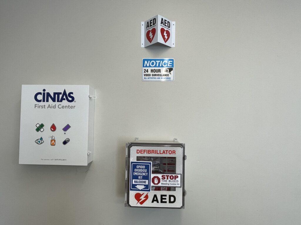 The AED cabinet in the SHS student center.