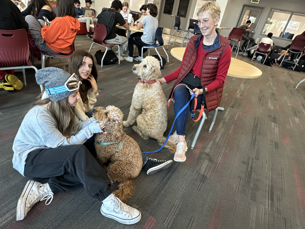 Freshman Isabelle Jadali and Alisa Erbay pet the dogs with trainer Charlotte Lamprecht in the student center on Dec. 5.