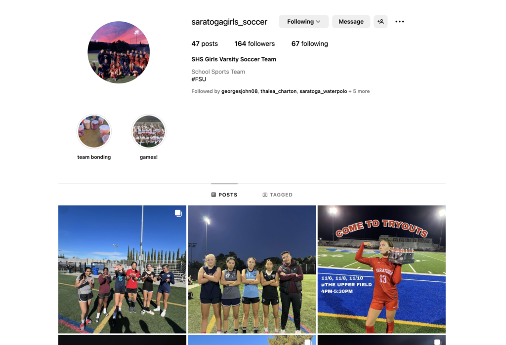 Girls’ soccer Instagram home page. 