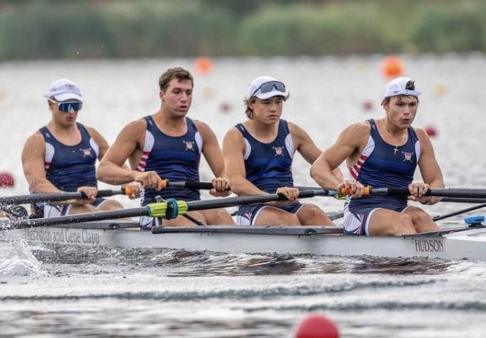 Senior Leo Shetler (right) and his rowing team race to the finish at the 2023 U19 World Rowing Championships. 