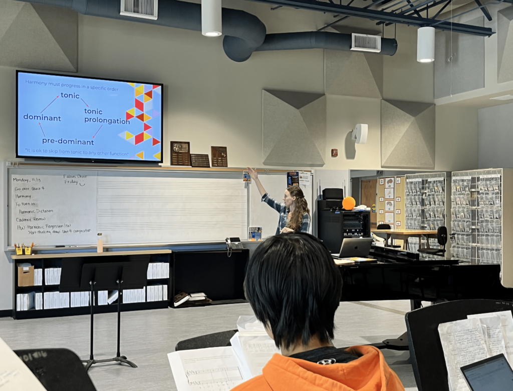 AP Music Theory teacher Nitzan lectures on harmonic function during class on Nov. 13.