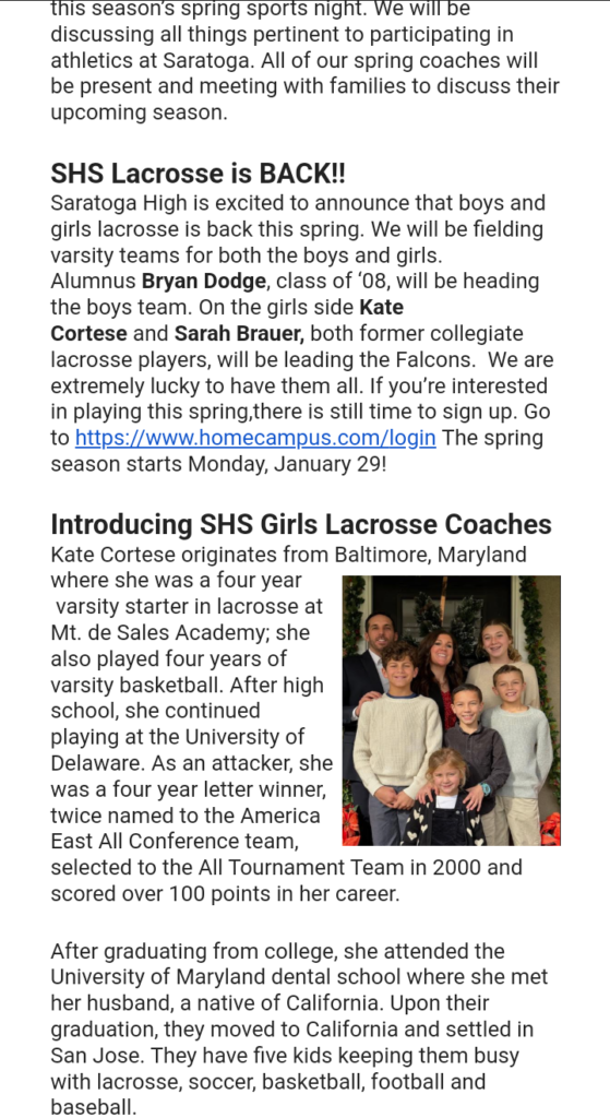 A Friday Letter was sent out announcing the return of lacrosse.