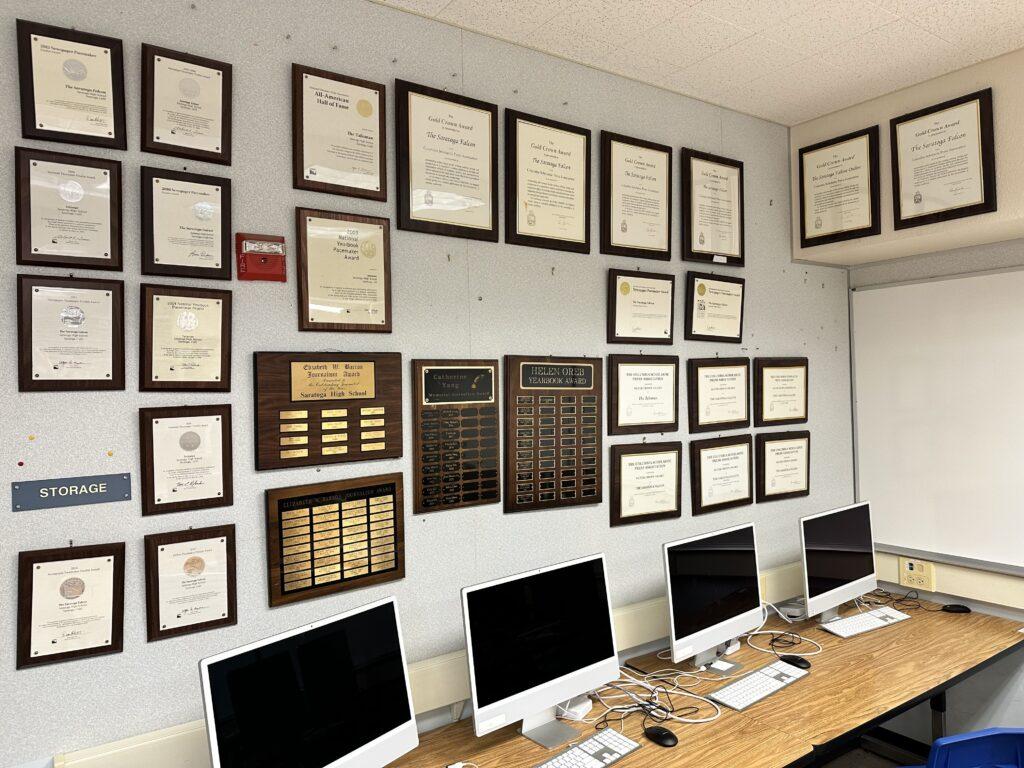 A wall in the journalism room showcasing many of the awards the Falcon has won in the past 65 years since its establishment.
