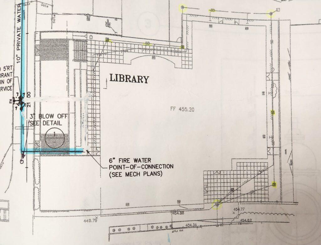 Highlighted on a 1960s site map is a section of pipes along the library, which has been an area of focus of the drainage system.