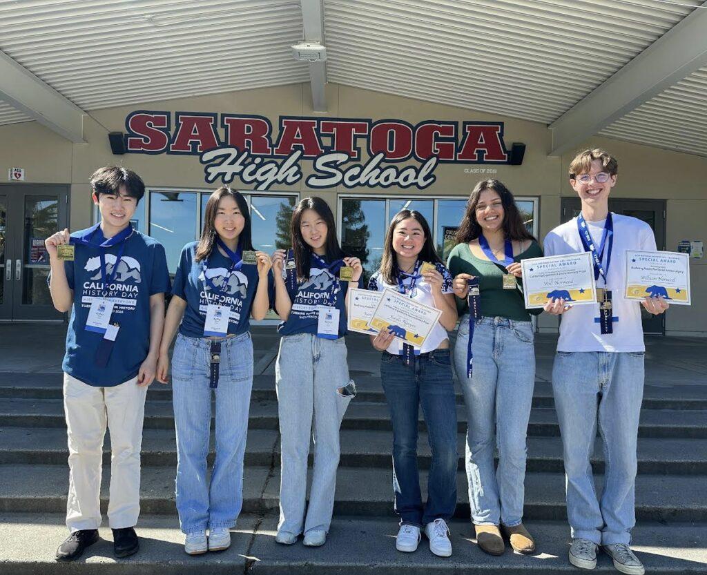 Juniors Arthur Wang, Kathy Wang, Sunny Cao, Kayla Nguyen, Aarushi Sharma and Will Norwood with their awards from the NHD states competition.