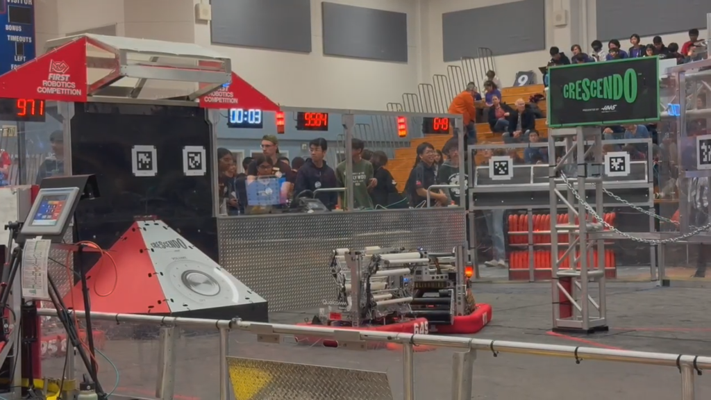 The team, with robot number “649,” plays a qualification match at St. Ignatius during the San Francisco Regional. 