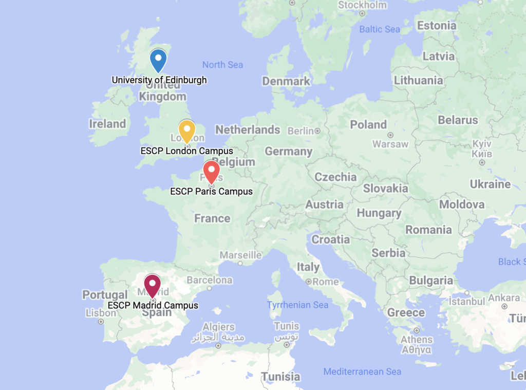 A map of the University of Edinburgh and three ESCP Business School locations.
