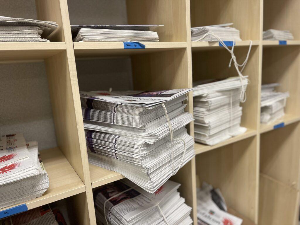 Newspapers leftover in the journalism room archive.