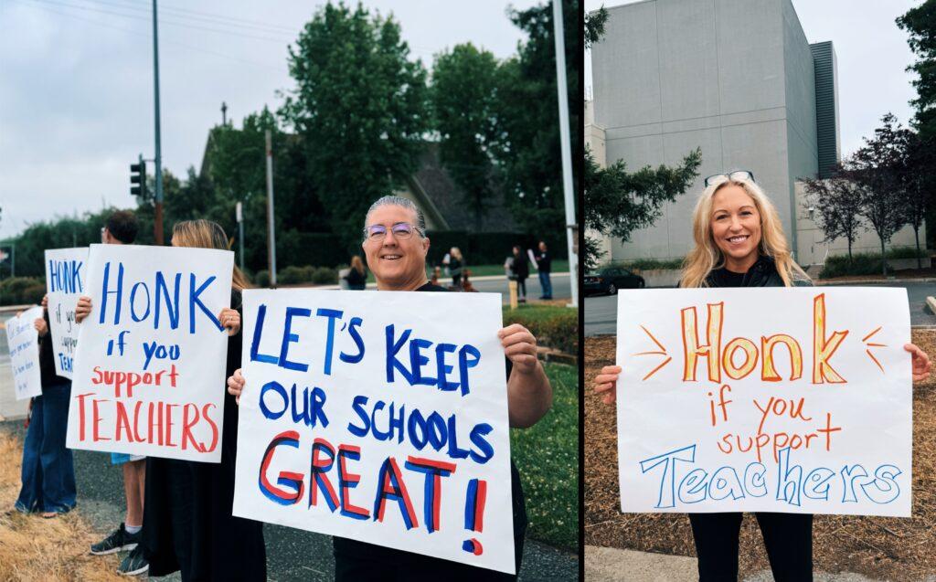 During the rally on May 15, dozens of teachers carried signs in support of district educators ­— French teacher Elaine Haggerty (left) and Spanish teacher Stephany Marks (right).